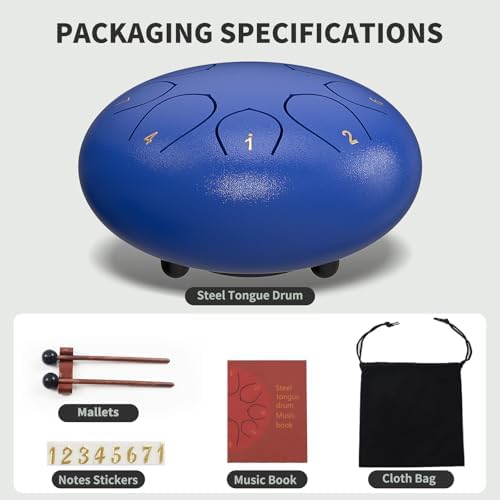 Rain Drum for Outside Garden, 6 Inches 8 Notes Steel Tongue Chakra Drums, Waterproof Meditation Echo Rain Chime, Musical Instruments for Adult Gift with Bag, Music Book (Dark Blue) - Image 2