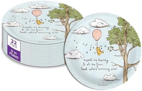 Pooh Bear First Birthday - 32 Piece Disposable Party Supplies - Decorations for Animal 1st Birthday Round Party Plates - Large 9" Paper Plates In Bulk by BirthdayGalore