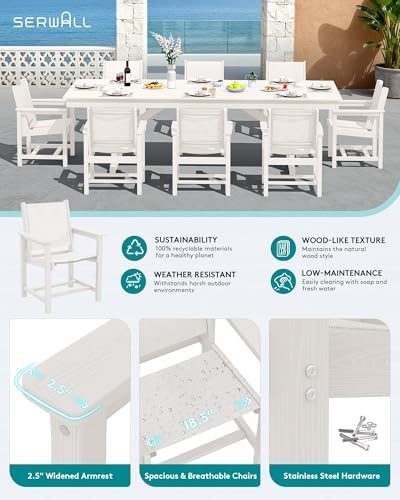 SERWALL 9Pcs HDPE Outdoor Dining Set for 8 with Sling Chairs, White - Image 3