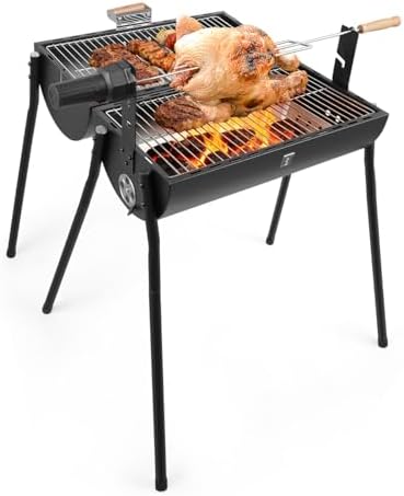 Portable Charcoal Grill with Thermometer - Barrel Charcoal Grills with Central Rotisserie Rack Double-sided Smoker Grill Outdoor BBQ Grill, Perfect for Backyard Camping, Patio Parties and Picnics by HALNKSZDDD