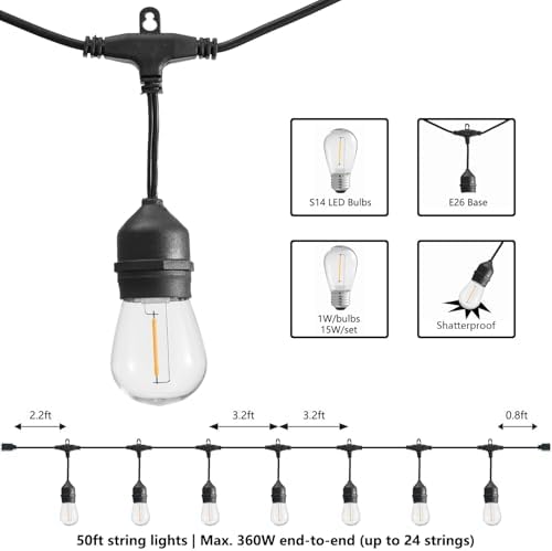 SUNTHIN 50FT Outdoor String Lights with 16 1W LED Bulbs - Image 2