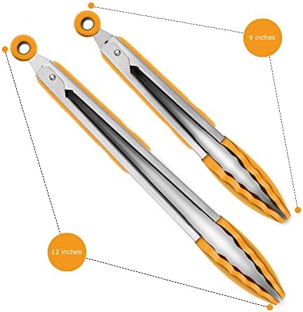 2 Pack Silicone Kitchen Tongs, 9 & 12 Inch, Stainless Steel, Orange - Image 4