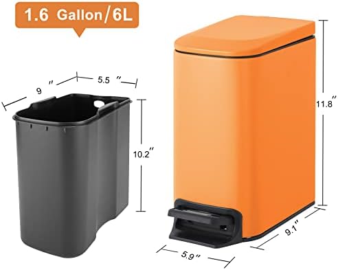 Cesun Small Bathroom Trash Can with Lid, 1.6 Gal, Soft Close, Matte Orange - Image 6