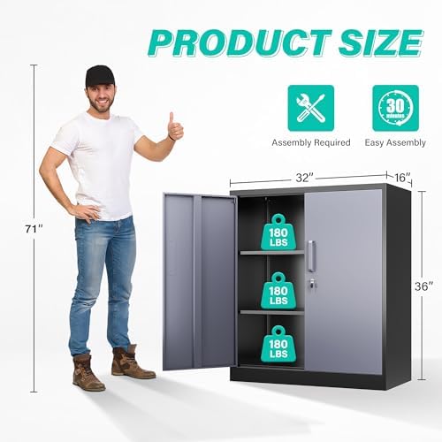 SISESOL Metal Storage Cabinet with Doors and Shelves,Garage Storage Cabinet with Lock,Black Grey Metal Cabinets with Locking Doors,Steel Cupboard for Home,Office,Garage Cabinets 36" H - Image 3