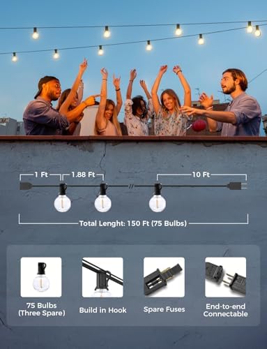 XMCOSY+ Smart Outdoor String Lights, 150Ft G40 Globe Patio Lights with 75 LED Bulbs, WiFi & APP Control, Work with Alexa, Extendable Waterproof Dimmable LED String Lights for Outside, Porch, Cafe - Image 6
