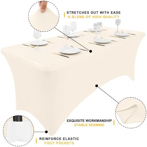 Smiry 2 Pack Spandex Table Cloth 6FT, Elastic Fitted Beige Tablecloth - Image 2