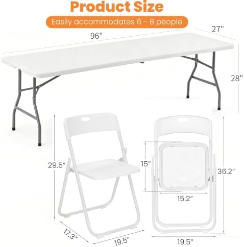 7-Piece White Plastic 8FT Folding Table Chairs Set for 6 People - Image 3