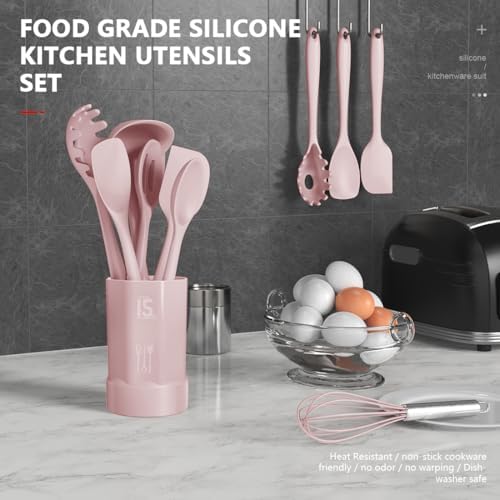 AOTHOD Silicone Cooking Utensils Set - 446°F Heat Resistant Kitchen Utensils, Spatula,Turner Tongs,Spoon,Whisk,Kitchen Utensil Gadgets Tools Set for Nonstick Cookware,Dishwasher Safe BPA Free(Pink) - Image 2