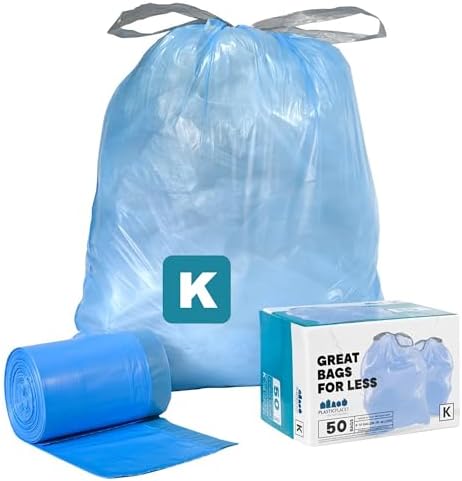 Plasticplace Custom Fit Trash Bags, Compatible with simplehuman Code K (50 Count) Tinted Blue Drawstring Garbage Liners 10 Gallon / 38 Liters, 24" x 28" by Plasticplace