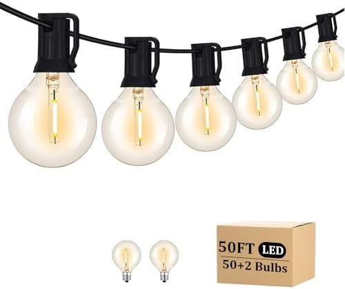 Outdoor String Light 50FT Patio Black with 52 Shatterproof G40 LED Clear Globe Bulbs for Indoor/Outdoor, Connectable Hanging Lights for Backyard Balcony Party Decor by Unknown