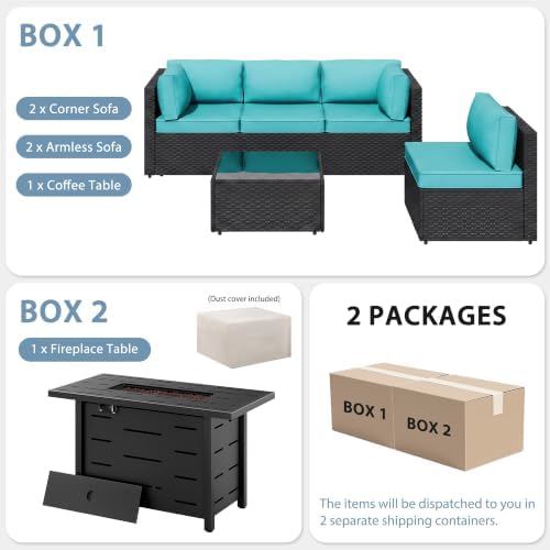Shintenchi 6 Piece Outdoor Patio Furniture Set with 43 Inch Propane Fire Pit, Washable Cushions, Glass Coffee Table, Waterproof Cover & CSA Certified for Backyard Poolside, Black PE Rattan/Blue - Image 7