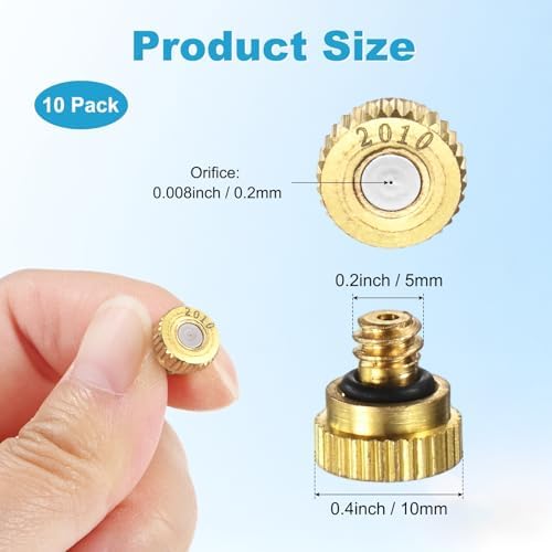 M METERXITY 10-Pack Brass Misting Nozzles, 0.008inch/0.2mm Orifice Heavy Duty 10/24 UNC Screw Thread Misting Nozzle Plug for Outdoor Spray Cooling System/Patio Mist System/Dust Control - Image 3