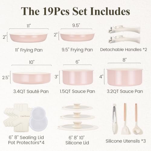 Chef Power Ceramic Nonstick Pots and Pans Set 19 Piece with Detachable Handle, Induction Dishwasher Oven Safe Cookware Set, RV Kitchen Set Removable Handle (Light Pink) - Image 2