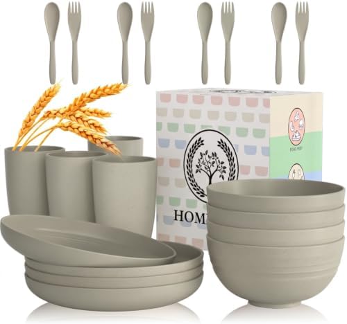 Homienly Wheat Straw Dinnerware Sets 20 PCS Unbreakable Plates and Bowls Sets Microwave Safe Camping Dish Set Kids Dinnerware Set, Kitchen, Apartment, Party, RV, Picnic, Dorm-Grey by HOMIENLY