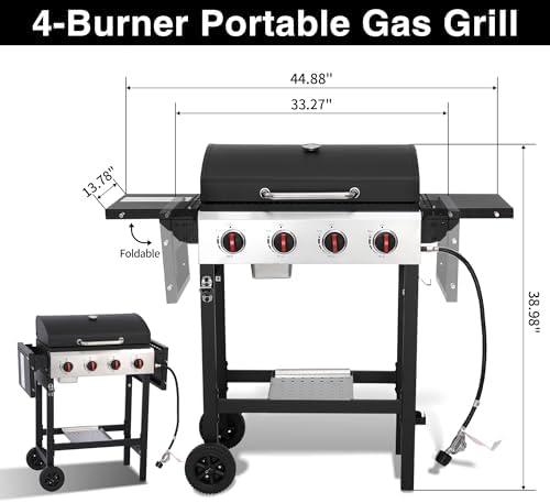 4 Burner Propane Gas Grill, Portable BBQ Grill with Cast Iron Grate & Griddle Pan, Folding Side Table for Camping Backyard, 40000 BTU Easy-Clean Outdoor Cooking - Image 6