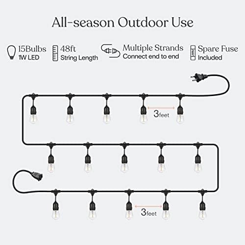 Brightech Ambience Pro LED String Lights - 48 Ft Commercial Grade Patio Lights Outdoor Waterproof - Heavy Duty Porch String Lights for Backyard, Christmas - Dimmable Vintage Edison 1W 15 Bulbs, - Image 3