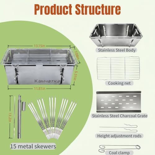 13 x 7 Inches Small Portable Charcoal BBQ Grill with 15 Metal Skewers - Image 2