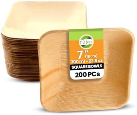 Raj Bamboo Bulk Bowls 7" 200 Square Bowl Bamboo Bowls Disposable, Decorative Compostable Tableware for wedding, Lunch, Dinner, Birthday, Camping, Outdoor BBQ, Picnic by Raj