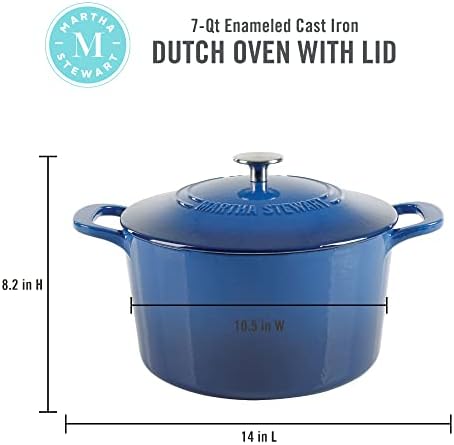 MARTHA STEWART Gatwick 7-Quart Enamel Cast Iron Dutch Oven Pot with Lid – Classic Blue – Durable Heavy-Duty Dutch Oven for Slow Cooking, Braising & Baking - Image 2