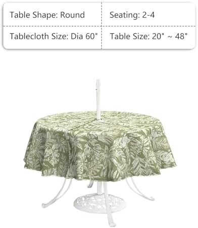 LVTXIII Round Outdoor Tablecloth with Umbrella Hole and Zipper, Water-Repellent 60 Inch Patio Table Cover for Bistro, Garden, Patio & Picnic, Tropical Leaf Green - Image 3
