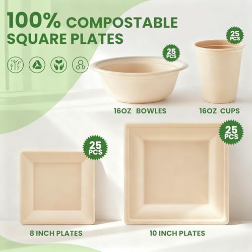 Havawish 100 Pcs Compostable Paper Plates and Bowls Set for 25 Guests, 10in & 8in Heavy Duty Sugarcane Disposable Plates 16 oz Biodegradable Cups and Paper Bowls, Party Camping Picnic(Beige) - Image 3