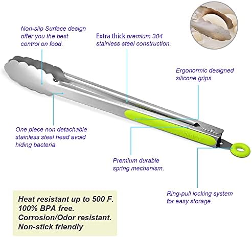 Premium 304 Stainless Steel Tongs Set – 12" Grill Tongs & 9" Cooking Tongs, Heat Resistant up to 600°F, Wavy Grip Head, Non‑Slip Handle with Locking Clip & Hanging Loop, Dishwasher Safe, Green - Image 5
