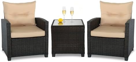 3 PCS Patio Wicker Conversation Set Sofa Table Set Beige Cushion - Image 2