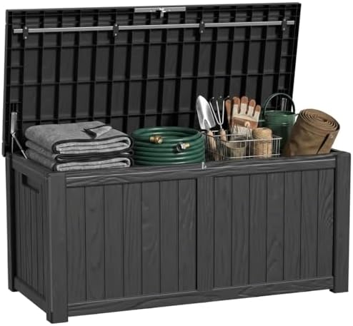 150 Gallon Outdoor Deck Box, Lockable Waterproof Outdoor Storage Boxes For Garden Tools,Indoor Cushions,Accessories Outside Storage Resin Weatherproof Container(Black) by MAIUSCOLI