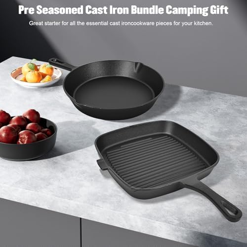 Pre-Seasoned Cast Iron skillets,2 Piece Durable Pots and Pans Set with Handle Covers for Grill, BBQ, Camping Fire, Stovetop, Kitchen and Camping Cookware - Image 7