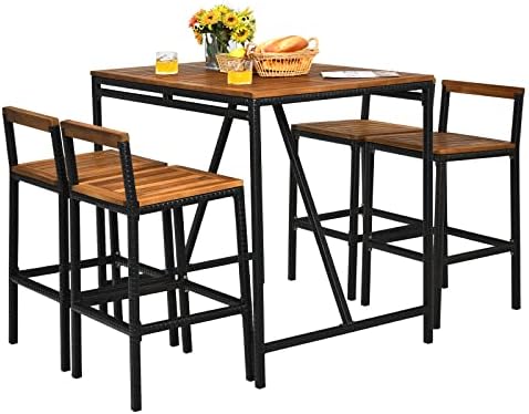 HAPPYGRILL 5 Pieces Patio Bar Table Set with Umbrella Hole Acacia Wood High-Dining Bistro Set with 4 Bar Stool, PE Wicker Outdoor Bar Set by HAPPYGRILL