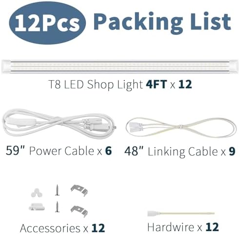 12-Pack T8 LED Shop Light 4FT, 42W 6300 Lumen 5000K Daylight, 4 Years Warranty, Linkable and Plug and Play Lights for Garage Ceiling Workshop Commercial Lighting, Non-Dimmable - Image 5