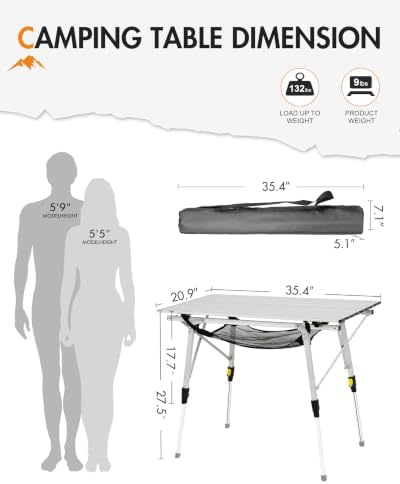 Portal Outdoor Folding Portable Picnic Camping Table with Adjustable Height Aluminum Roll Up Table Top Mesh Layer, Silver - Image 3