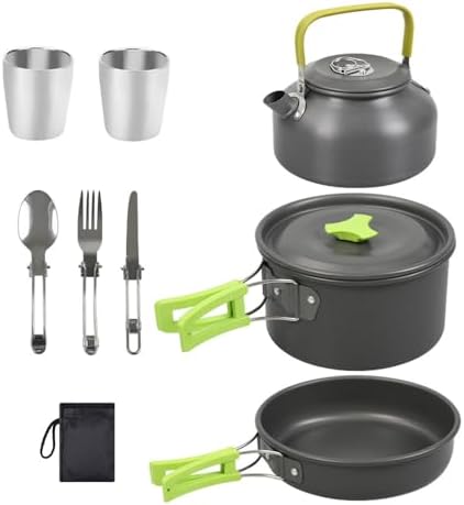 Camping Cookware Set(Green), Portable Backpacking Gear with Kettle, Pot, Pan, Cups & Foldable Cutlery, Lightweight Outdoor Cooking Kit for 2-3 People, Ideal for Hiking, Picnic & Camping by Pardarsey