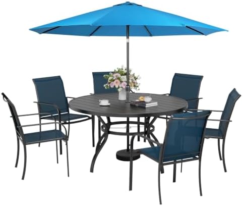Incbruce 8 PCS Patio Dining Set with Sky Blue Umbrella, Outdoor Dining Set of 6 Textilene Chairs and 53" Round Table with Umbrella Hole for Backyard, Garden, and Poolside (Blue) by Incbruce