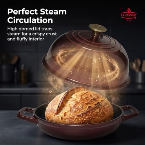 La Cuisine Enameled Cast Iron Round Bread Dutch Oven for Sourdough Crusty Bread & High‑Heat Baking. Oven-Safe 550°F/287°C, Internal Matte Black Enamel Coating, 5 QT, Cranberry - Image 3