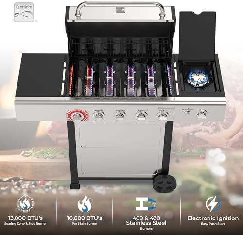 Kenmore BBQ Propane Gas Grill - 5 Burners with Side Burner & Searing Zone, 644 Sq. In. Stainless Steel Grill, 66,000 BTU, Ideal for Outdoor Cooking, Patio & Backyard, Silver - Image 3