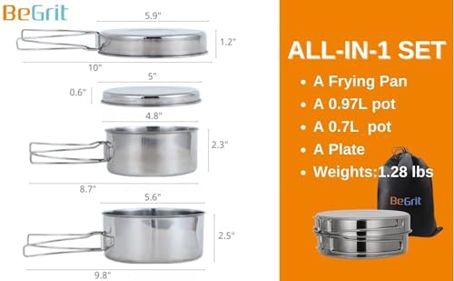 BeGrit Stainless Steel Camping Cookware Pot and Pan Set for Backpacking - Image 2