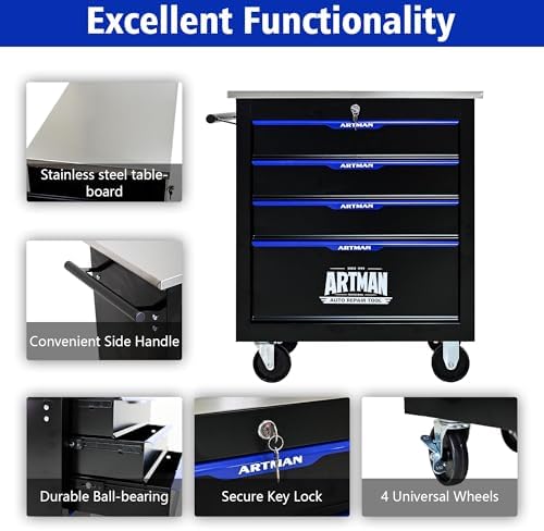 4-Drawer Heavy-Duty Rolling Steel Tool Cart with Handle&Wheels, Metal Storage Organizer Cabinet, Tool Chest for Efficient Tool Storage in Garage, Warehouse, Workshop, Repair Shop, Blue - Image 5