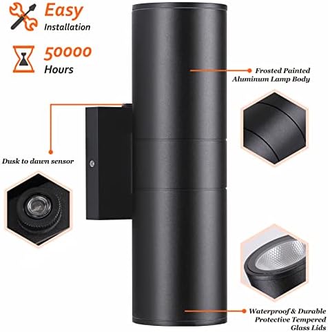 DAKAFUL Dusk to Dawn Outdoor Lighting Sensor Wall Lights 6 Packs, 12W 2700K Integrated LED Cylinder Up Down Lights Outdoor, IP65 Waterproof Aluminum Wall Sconce Exterior Wall Light for Porch Patio. - Image 5
