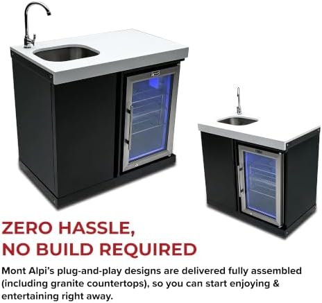 Mont Alpi Premium 38"W x 23"D x 46"H Black Stainless Steel Outdoor Beverage Center Module with 2.7 Cu. Ft. Glass Door Refrigerator + Faucet & Sink Combo + Storage Cabinet + White Granite Countertops - Image 6