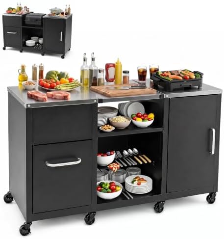 HAPPYGRILL 59” Outdoor Grill Table w/2 Removable Shelves & Storage Cabinets by HAPPYGRILL