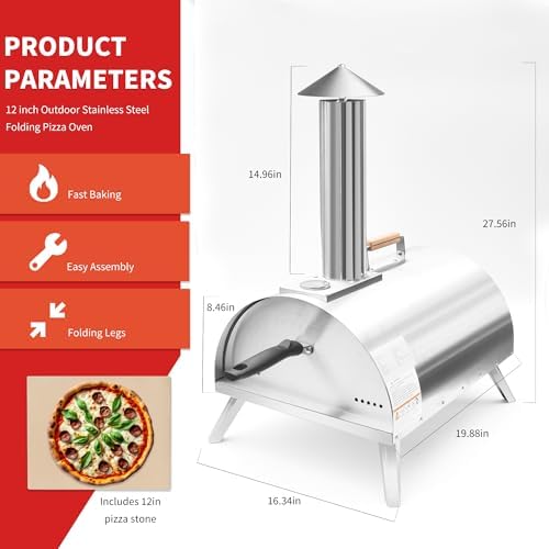 12" Wood Pellet Pizza Oven – Portable Stainless Steel Outdoor Pizza Maker with Built-In Thermometer, Foldable Legs, Carry Handle & Cordierite Pizza Stone for Backyard, Patio & Camping - Image 3