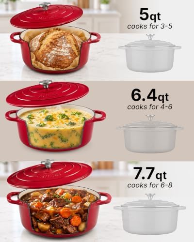 Zulay Kitchen 6.4QT Enameled Cast Iron Dutch Oven Pot with Lid, Heat Pad & Trivet, Heavy-Duty Soup Pot for Stews, Braising, Roasting & Sourdough Bread Baking, Oven Safe up to 500°F - Ablaze Red - Image 4
