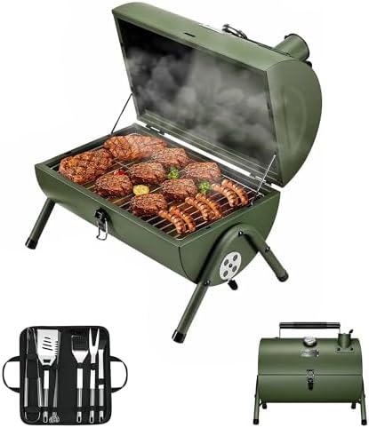 MAISON HUIS Small Charcoal Grill, Portable Tabletop BBQ Smoker for Outdoor Camping,Mini Grill with 9-Piece Stainless Steel Grill Tool Set for Tailgating Hiking Picnic (Green Kit) by MAISONHUIS
