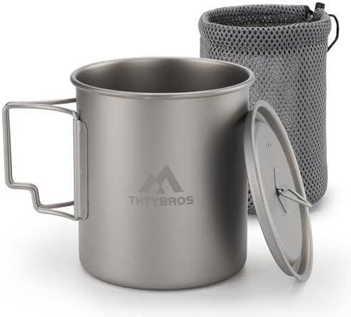 THTYBROS Titanium Cup Ultralight Camping Mug with Foldable Handle & Lid, Pure Titanium Cookware for Outdoor Hiking, Backpacking, Picnic, and Campfire by THTYBROS