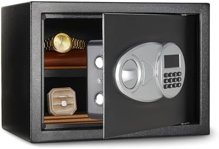 Amazon Basics Steel Security Safe and Lock Box with Electronic Keypad, Secure Documents Storage, Black, 0.5 Cubic Feet, 13.8"W x 9.8"D x 9.8"H, Removable Shelf by AmazonBasics