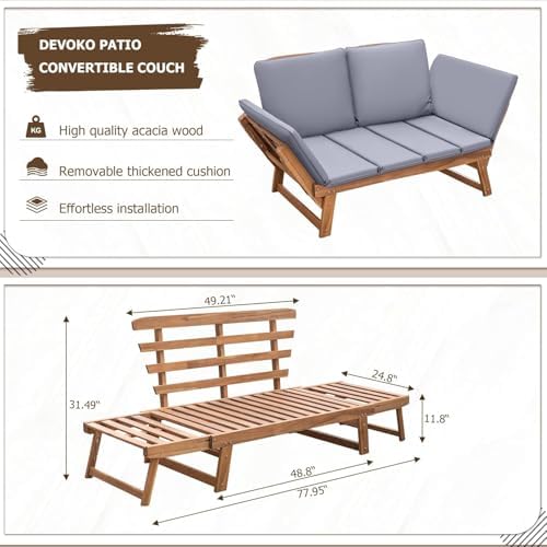 Devoko Outdoor Couch Acacia Wood Outdoor Sofa Balcony Furniture (Grey) - Image 2