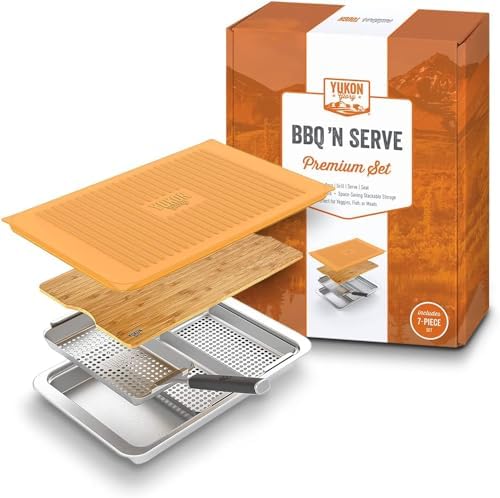 Yukon Glory BBQ N Serve Premium Set, 3 Grill Baskets and Tray by YukonGlory