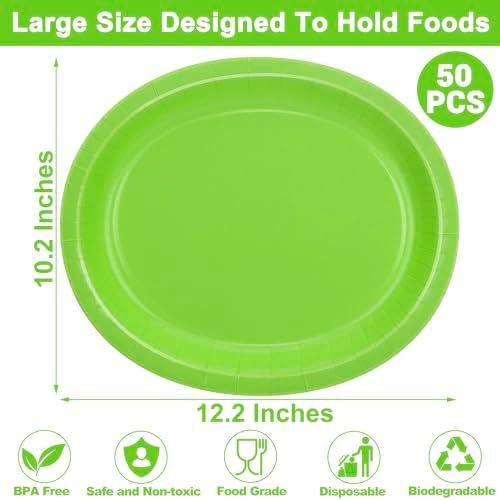 QZYL 50 Pcs Party Decorations, 12.2'' X 10.2'' Oval Large Paper Plates, Lime Green Disposable Paper Plate Heavy Duty Daily Dinner Plates for Birthday Party Wedding Picnic Holiday - Image 2
