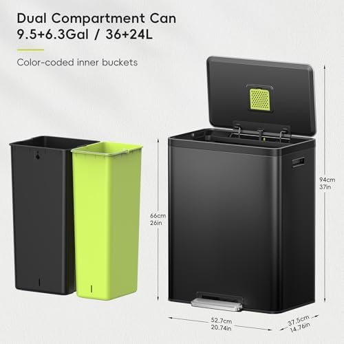 EKO EcoCasa II 36L+24L Dual Trash Can with Recycle Bin, Stainless Steel Garbage Can with Lid, Deodorizer Compartment, Odor-Proof and Fingerprint Resistant, Matte Black - Image 2